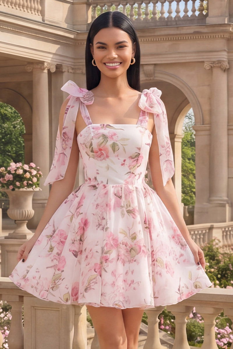 Load image into Gallery viewer, White Pink Flower A Line Short Homecoming Dress with Bows