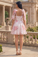 Load image into Gallery viewer, White Pink Flower A Line Short Homecoming Dress with Bows