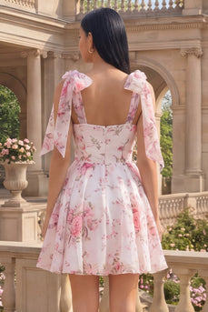 White Pink Flower A Line Short Homecoming Dress with Bows