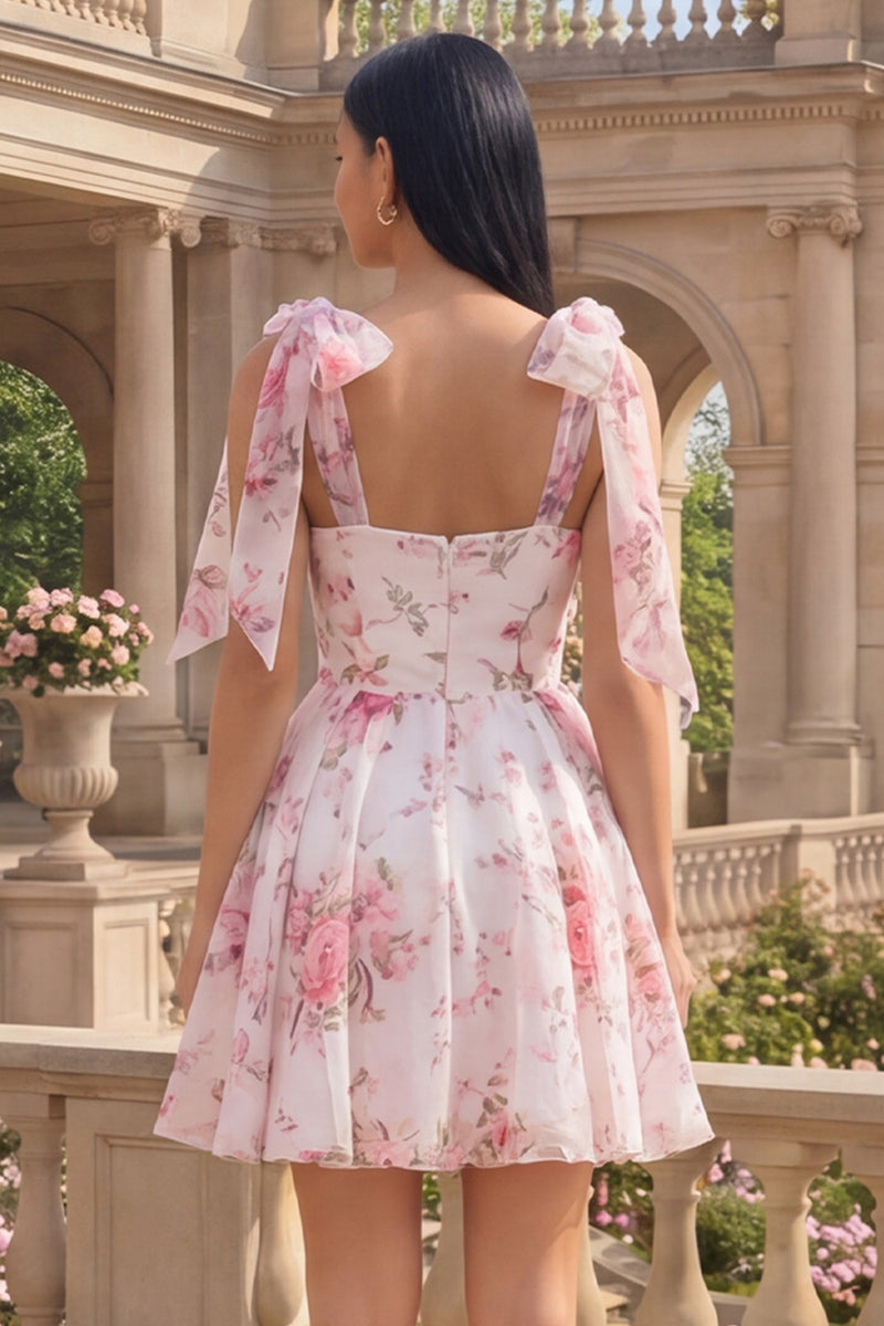 Load image into Gallery viewer, White Pink Flower A Line Short Homecoming Dress with Bows