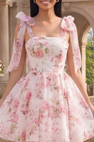 Load image into Gallery viewer, White Pink Flower A Line Short Homecoming Dress with Bows