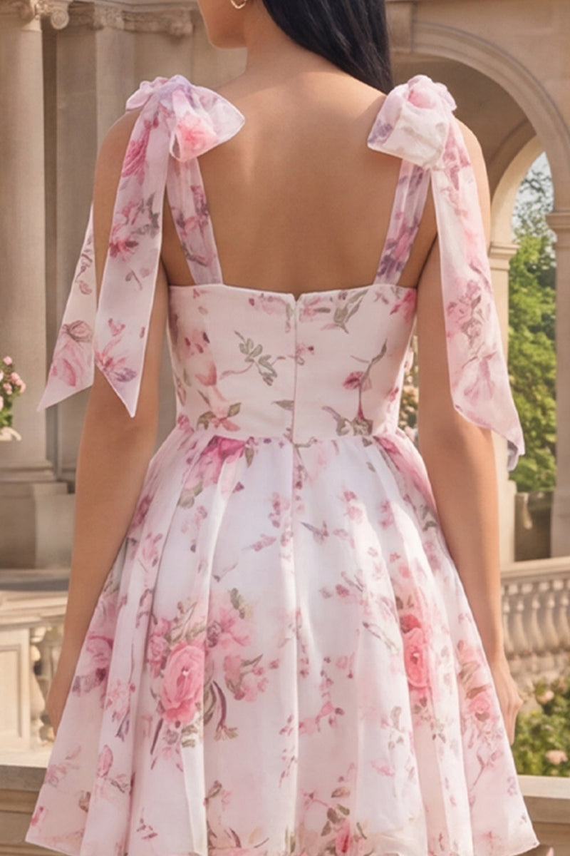Load image into Gallery viewer, White Pink Flower A Line Short Homecoming Dress with Bows