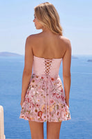 Load image into Gallery viewer, Pink Floral Strapless A Line Ruched Short Corset Homecoming Dress