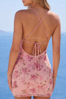 Load image into Gallery viewer, Sparkly Pink Floral Ruched Spaghetti Straps Tight Short Homecoming Dress