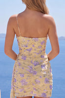 Load image into Gallery viewer, Sparkly Light Yellow Floral Tight One Shoulder Short Homecoming Dress with Sash
