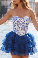 Load image into Gallery viewer, Gold and Black Floral A Line Strapless Short Homecoming Dress with Ruffles