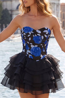 Load image into Gallery viewer, Gold and Black Floral A Line Strapless Short Homecoming Dress with Ruffles