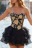 Load image into Gallery viewer, Gold and Black Floral A Line Strapless Short Homecoming Dress with Ruffles