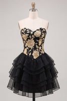 Load image into Gallery viewer, Gold and Black Floral A Line Strapless Short Homecoming Dress with Ruffles