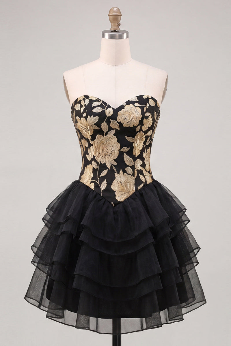 Load image into Gallery viewer, Gold and Black Floral A Line Strapless Short Homecoming Dress with Ruffles