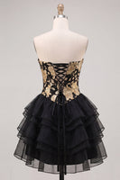 Load image into Gallery viewer, Gold and Black Floral A Line Strapless Short Homecoming Dress with Ruffles