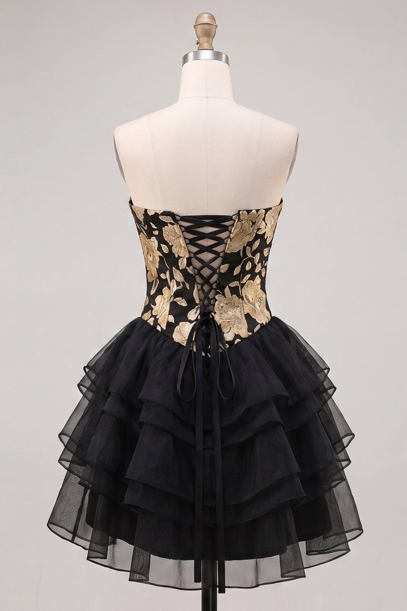 Load image into Gallery viewer, Gold and Black Floral A Line Strapless Short Homecoming Dress with Ruffles