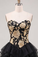 Load image into Gallery viewer, Gold and Black Floral A Line Strapless Short Homecoming Dress with Ruffles