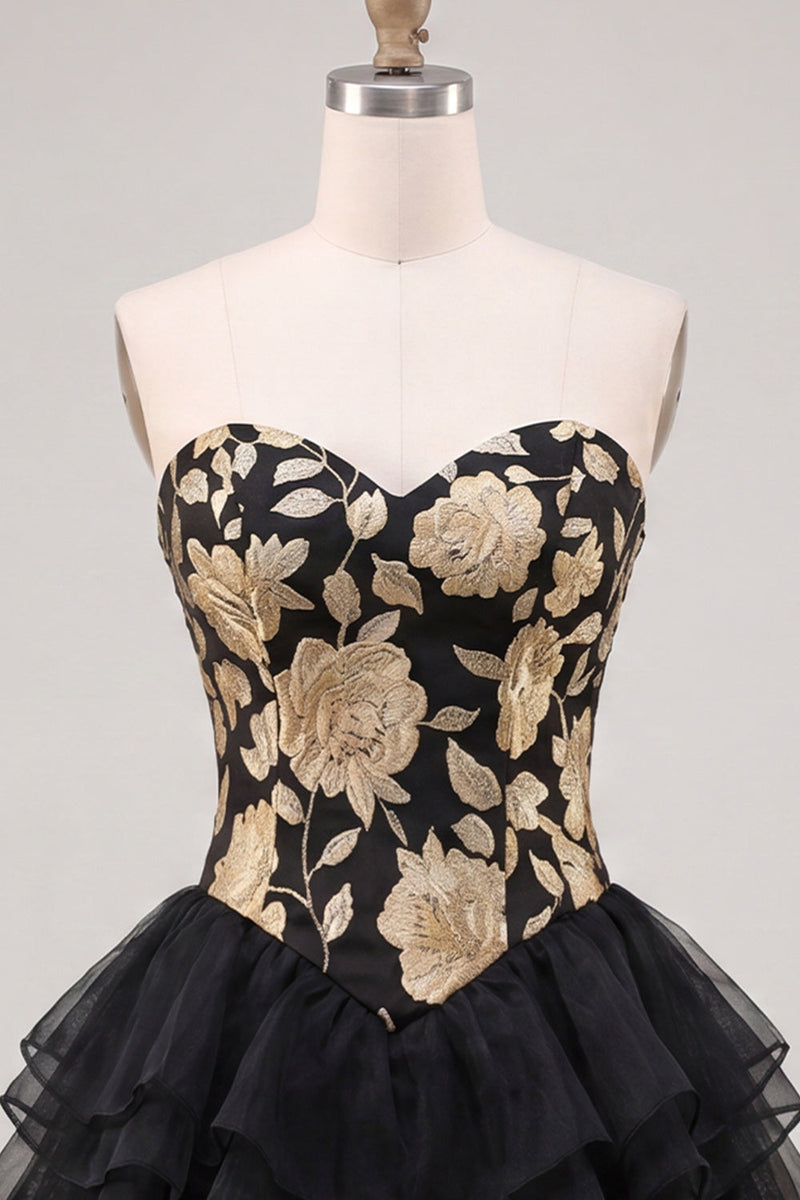 Load image into Gallery viewer, Gold and Black Floral A Line Strapless Short Homecoming Dress with Ruffles