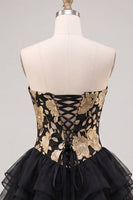 Load image into Gallery viewer, Gold and Black Floral A Line Strapless Short Homecoming Dress with Ruffles
