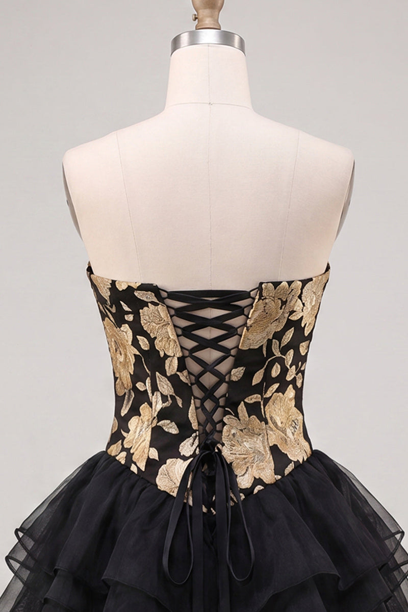 Load image into Gallery viewer, Gold and Black Floral A Line Strapless Short Homecoming Dress with Ruffles
