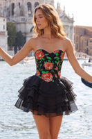 Load image into Gallery viewer, Gold and Black Floral A Line Strapless Short Homecoming Dress with Ruffles