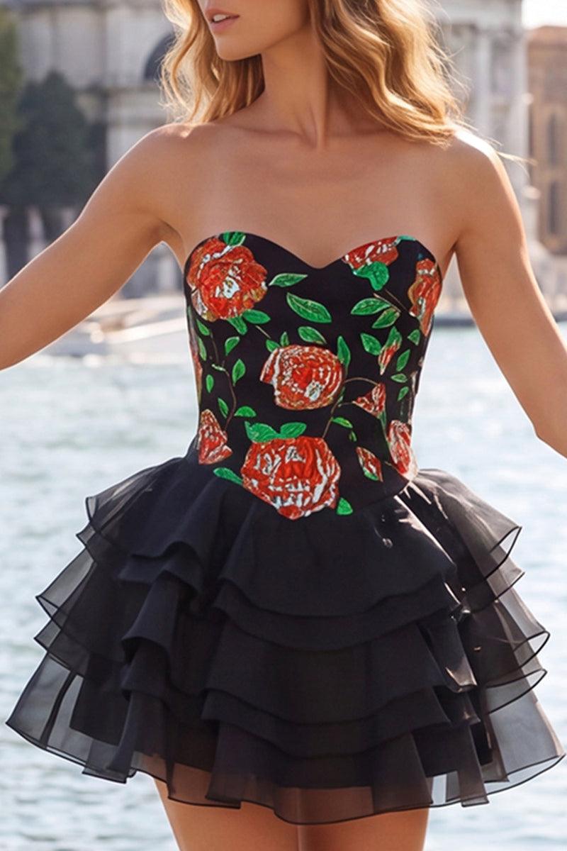 Load image into Gallery viewer, Gold and Black Floral A Line Strapless Short Homecoming Dress with Ruffles