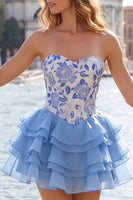Load image into Gallery viewer, Gold and Black Floral A Line Strapless Short Homecoming Dress with Ruffles