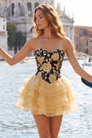 Load image into Gallery viewer, Gold and Black Floral A Line Strapless Short Homecoming Dress with Ruffles