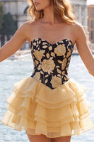 Load image into Gallery viewer, Gold and Black Floral A Line Strapless Short Homecoming Dress with Ruffles