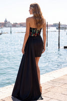 Load image into Gallery viewer, Sparkly Black Ruched Corset Tight Short Homecoming Dress with Side Cape