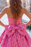 Load image into Gallery viewer, Dark Green Strapless Jacquard A-Line Short Homecoming Dress with Bow