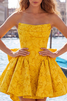 Load image into Gallery viewer, Dark Green Strapless Jacquard A-Line Short Homecoming Dress with Bow