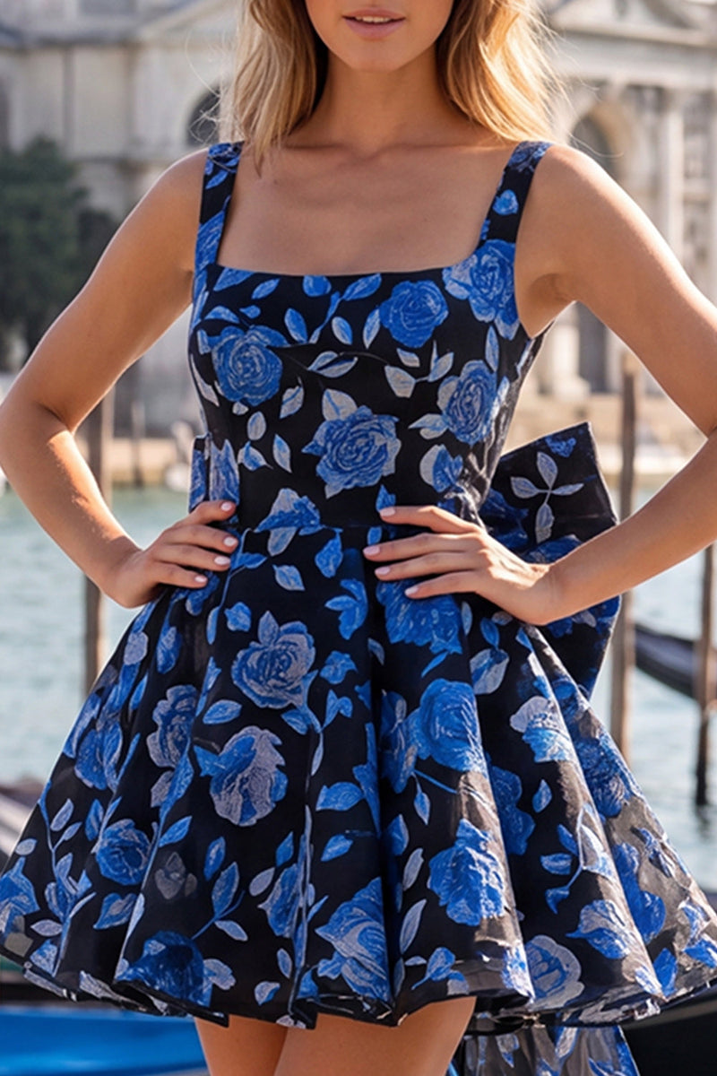 Load image into Gallery viewer, Gold and Black A-Line Floral Short Homecoming Dress with Bow