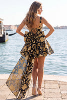 Load image into Gallery viewer, Gold and Black A-Line Floral Short Homecoming Dress with Bow