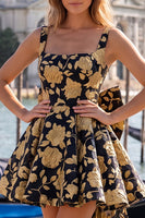 Load image into Gallery viewer, Gold and Black A-Line Floral Short Homecoming Dress with Bow