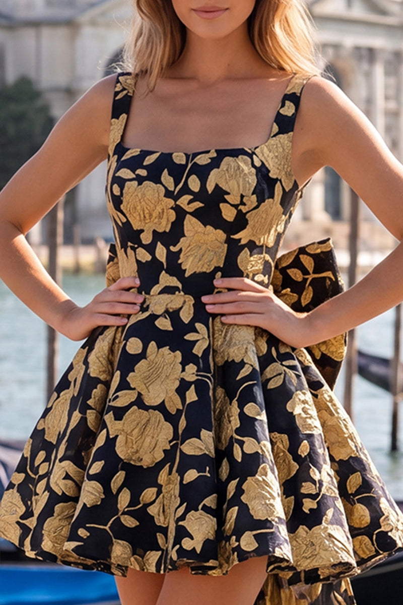 Load image into Gallery viewer, Gold and Black A-Line Floral Short Homecoming Dress with Bow
