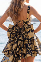 Load image into Gallery viewer, Gold and Black A-Line Floral Short Homecoming Dress with Bow