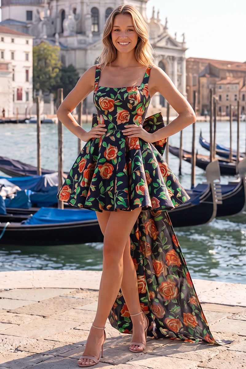 Load image into Gallery viewer, Gold and Black A-Line Floral Short Homecoming Dress with Bow