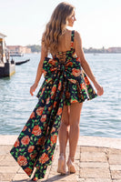 Load image into Gallery viewer, Gold and Black A-Line Floral Short Homecoming Dress with Bow