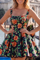 Load image into Gallery viewer, Gold and Black A-Line Floral Short Homecoming Dress with Bow