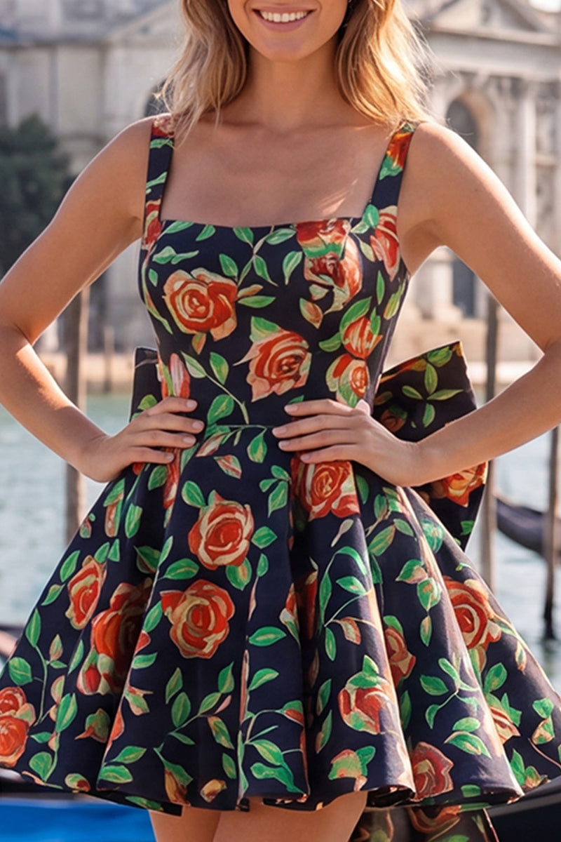 Load image into Gallery viewer, Gold and Black A-Line Floral Short Homecoming Dress with Bow