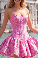 Load image into Gallery viewer, Floral Hot Pink Jacquard A-Line Corset Short Homecoming Dress