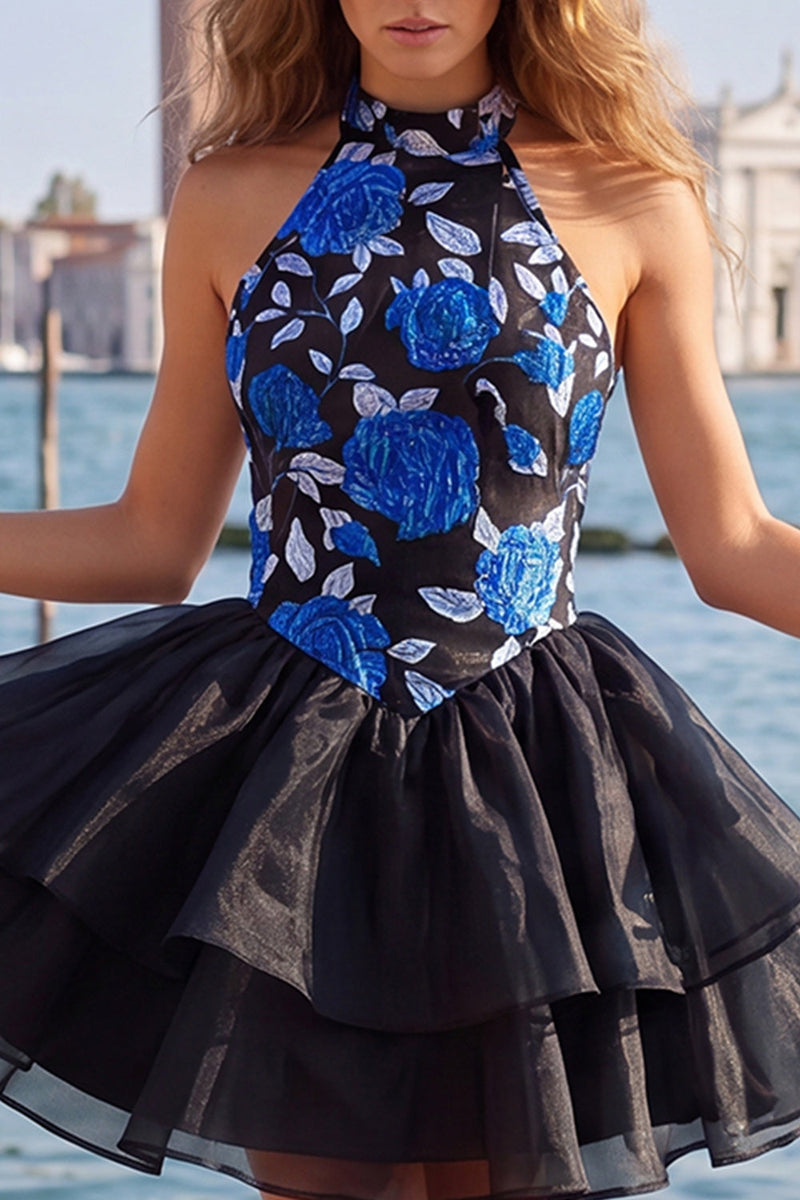 Load image into Gallery viewer, Blue and Black Floral High Neck Ruffled Tiered Short Homecoming Dress