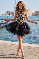 Load image into Gallery viewer, Blue and Black Floral High Neck Ruffled Tiered Short Homecoming Dress