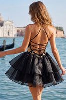Load image into Gallery viewer, Blue and Black Floral High Neck Ruffled Tiered Short Homecoming Dress