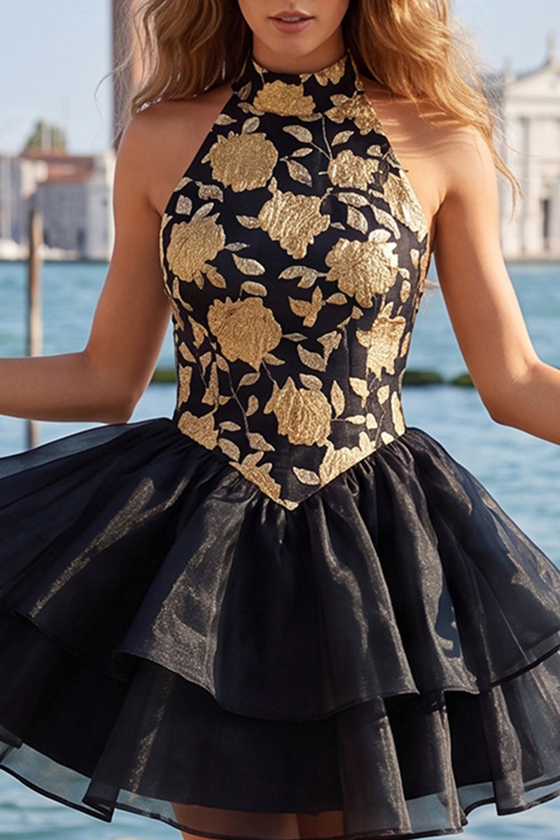 Load image into Gallery viewer, Blue and Black Floral High Neck Ruffled Tiered Short Homecoming Dress