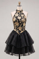 Load image into Gallery viewer, Blue and Black Floral High Neck Ruffled Tiered Short Homecoming Dress