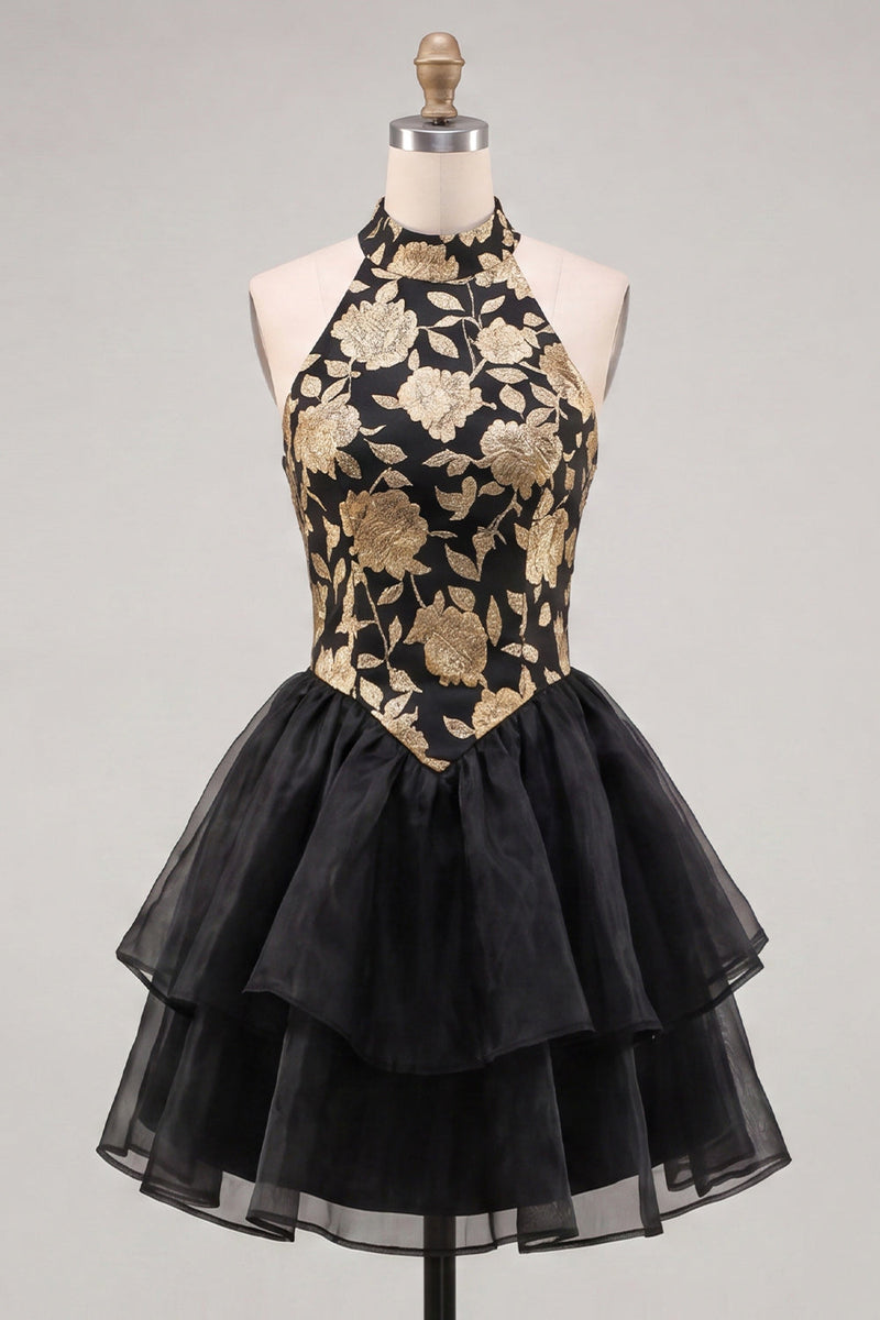 Load image into Gallery viewer, Blue and Black Floral High Neck Ruffled Tiered Short Homecoming Dress
