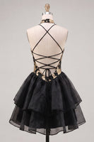 Load image into Gallery viewer, Blue and Black Floral High Neck Ruffled Tiered Short Homecoming Dress