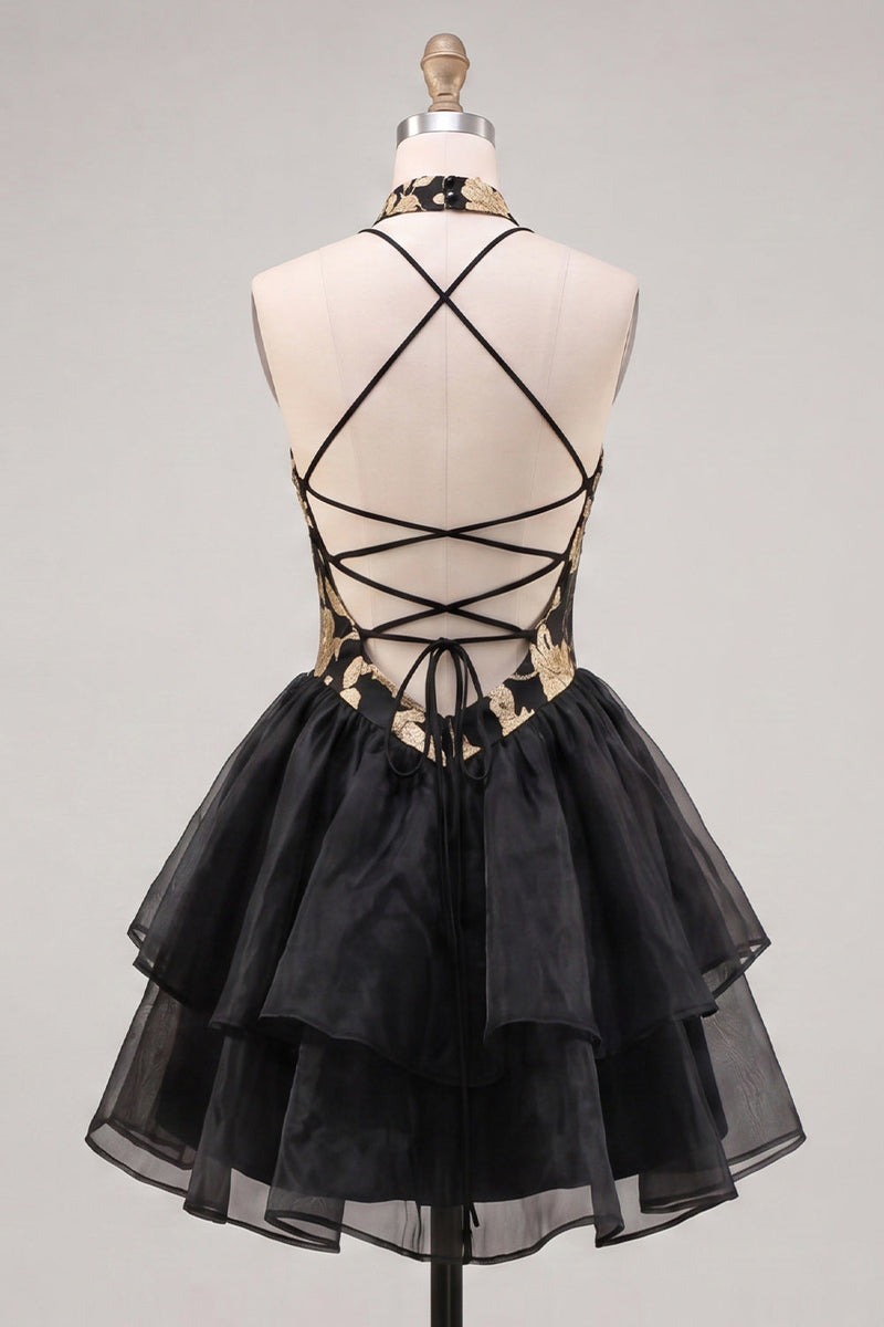 Load image into Gallery viewer, Blue and Black Floral High Neck Ruffled Tiered Short Homecoming Dress