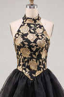 Load image into Gallery viewer, Blue and Black Floral High Neck Ruffled Tiered Short Homecoming Dress