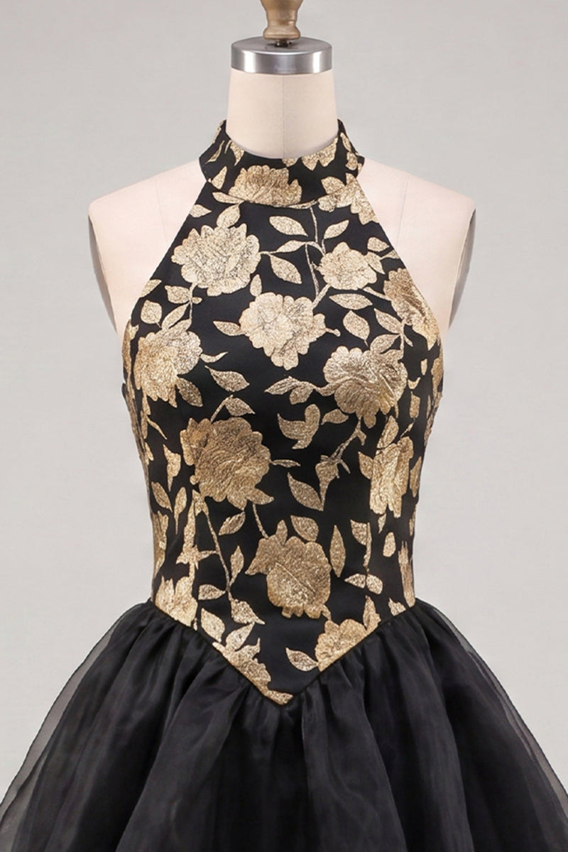 Load image into Gallery viewer, Blue and Black Floral High Neck Ruffled Tiered Short Homecoming Dress