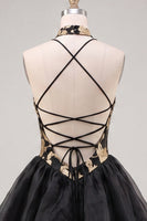 Load image into Gallery viewer, Blue and Black Floral High Neck Ruffled Tiered Short Homecoming Dress