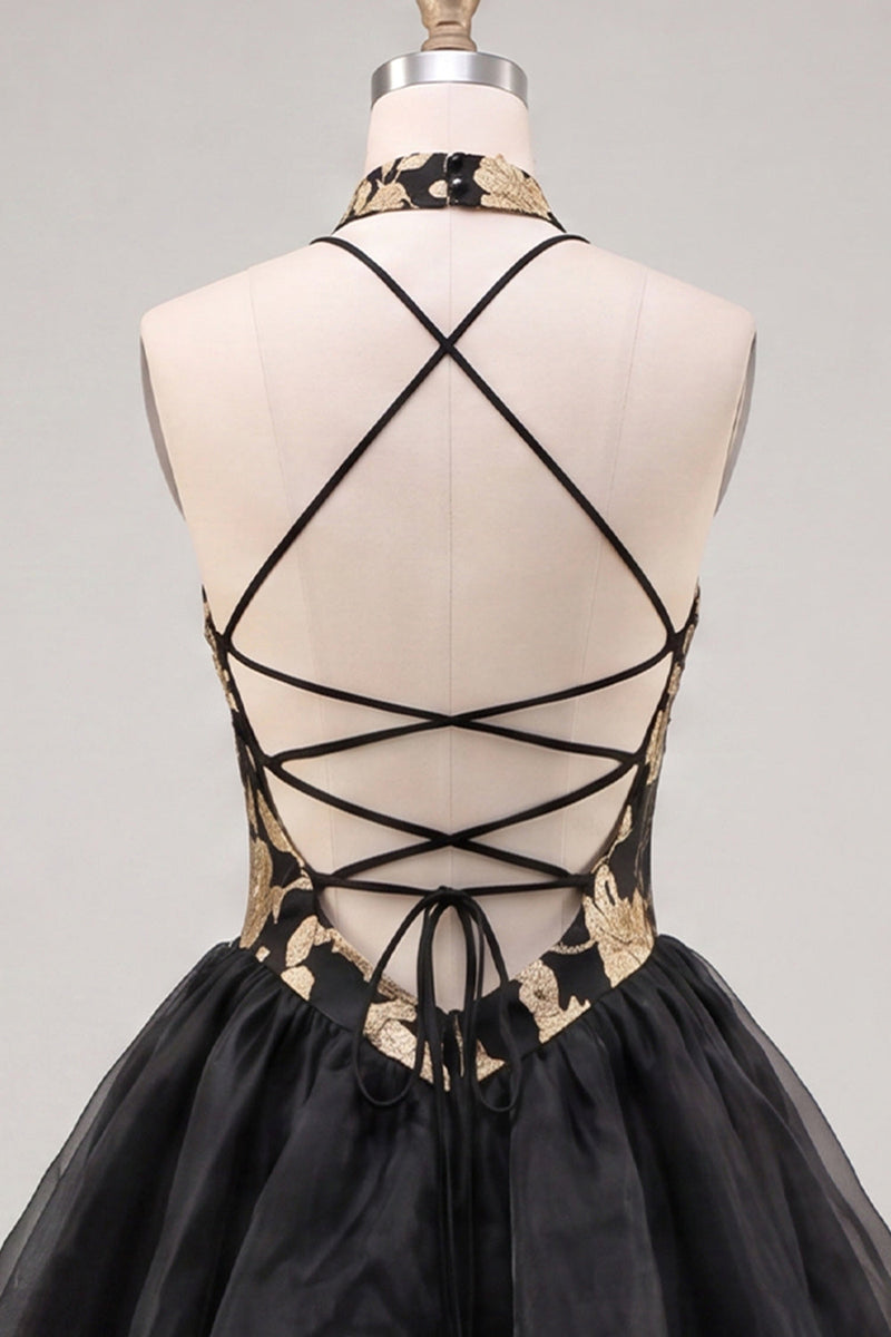 Load image into Gallery viewer, Blue and Black Floral High Neck Ruffled Tiered Short Homecoming Dress